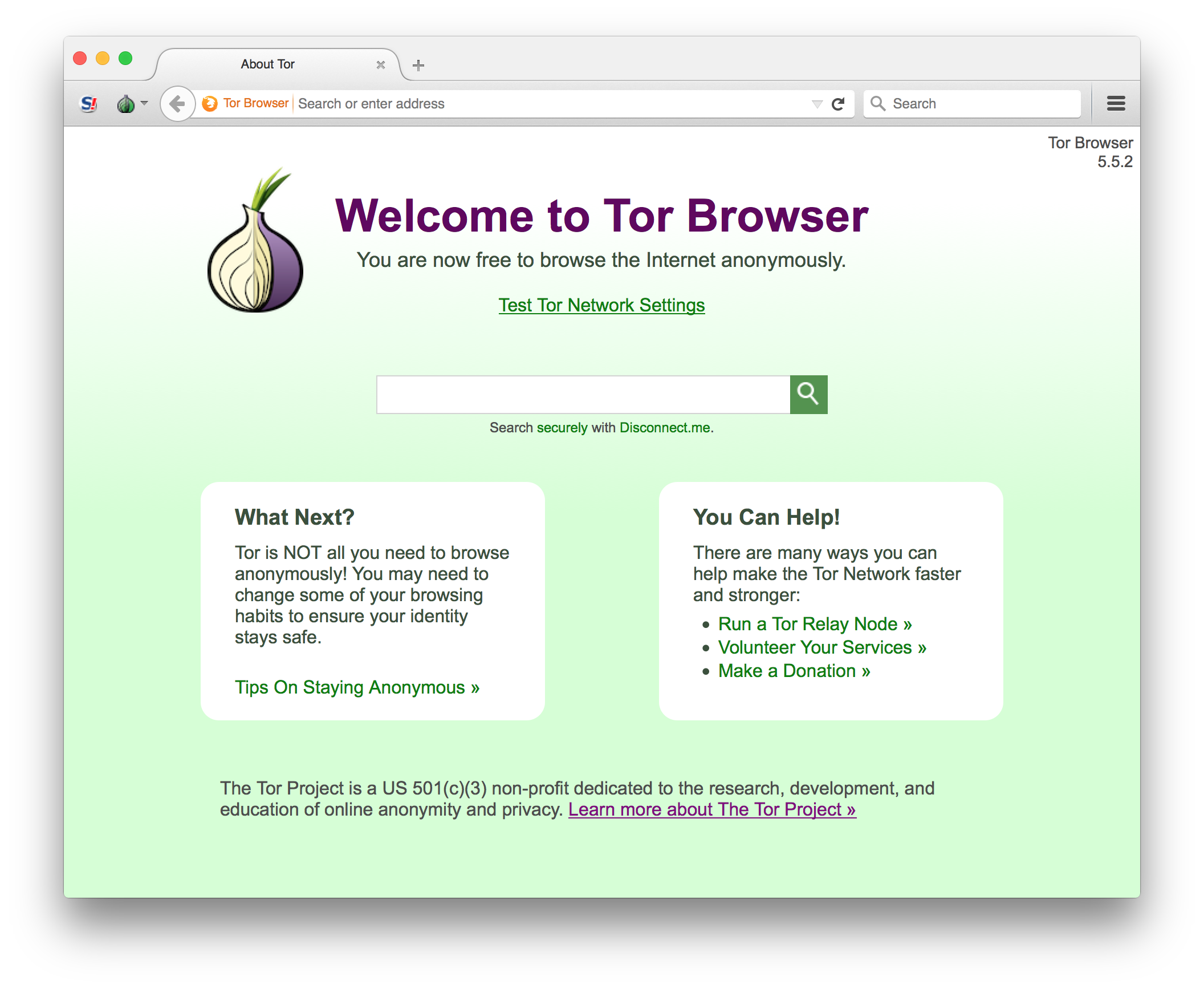 Tor browser main window